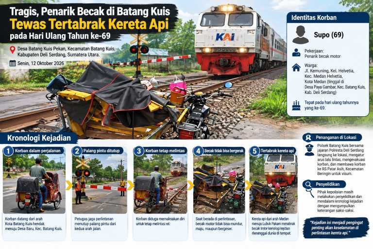 Tragis, Penarik Becak di Batang Kuis Tewas Tertabrak Kereta Api pada Hari Ulang Tahun ke-69